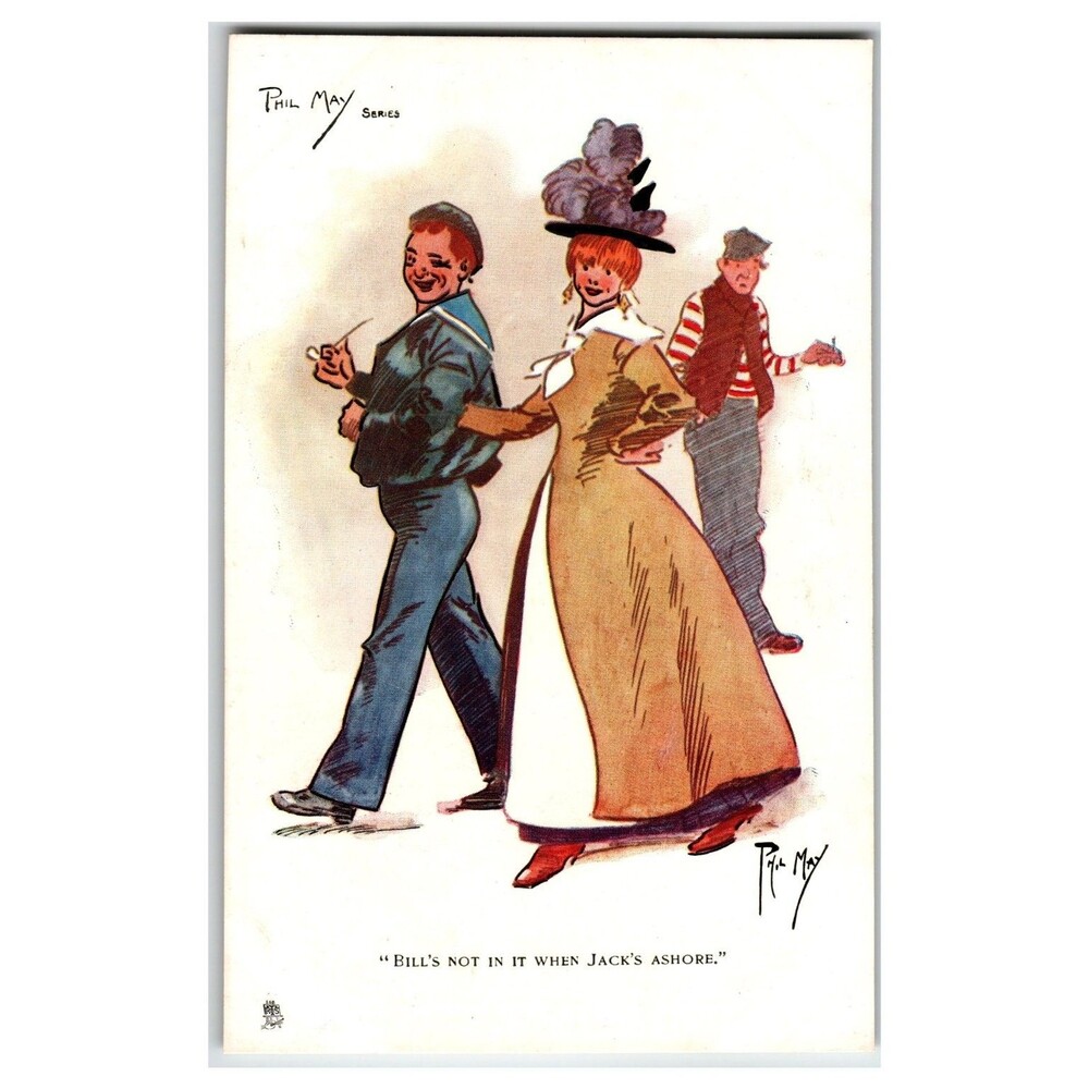 Phil May Cartoon Oilette Postcard - Sailor, Woman, "Jack's Ashore" Humor